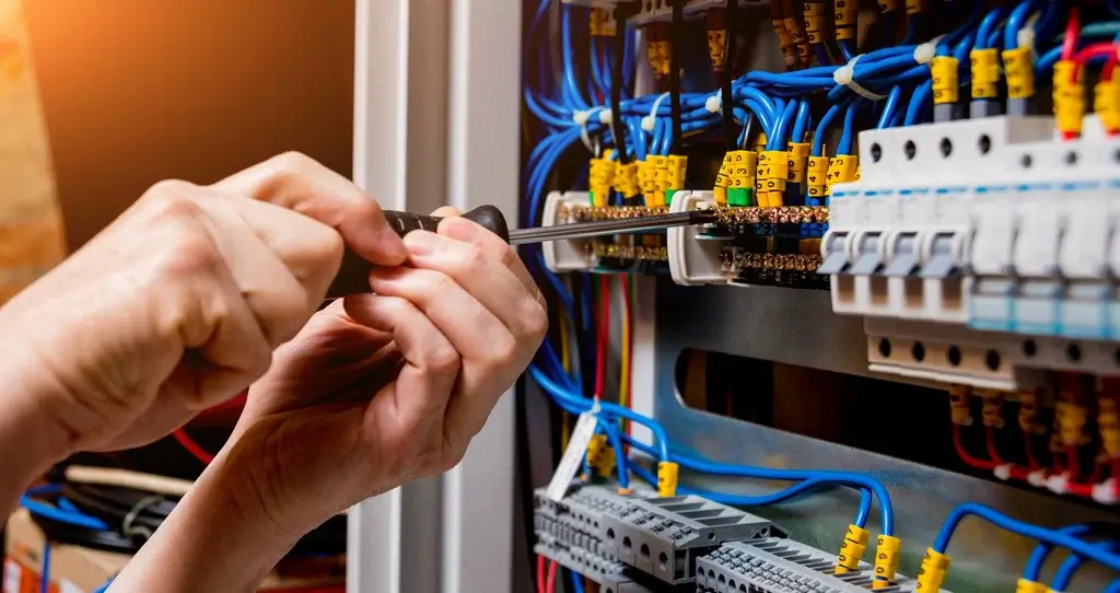Electrician repairing wiring and electrical panel during home maintenance in Dubai